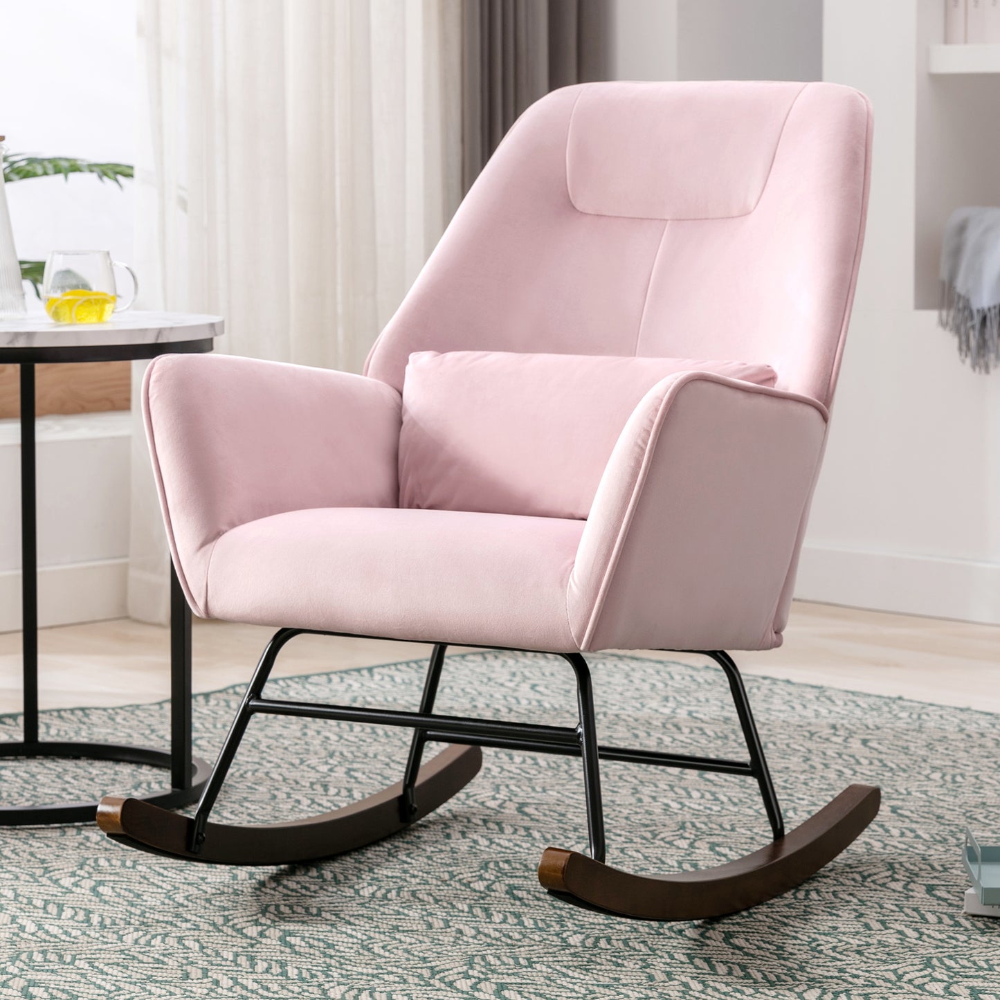 Mecedora de terciopelo para habitación infantil, silla de relajación, sala de estar, mecedora tapizada con patas y cojín de cintura, mecedora para balcón, dormitorio, Rosa