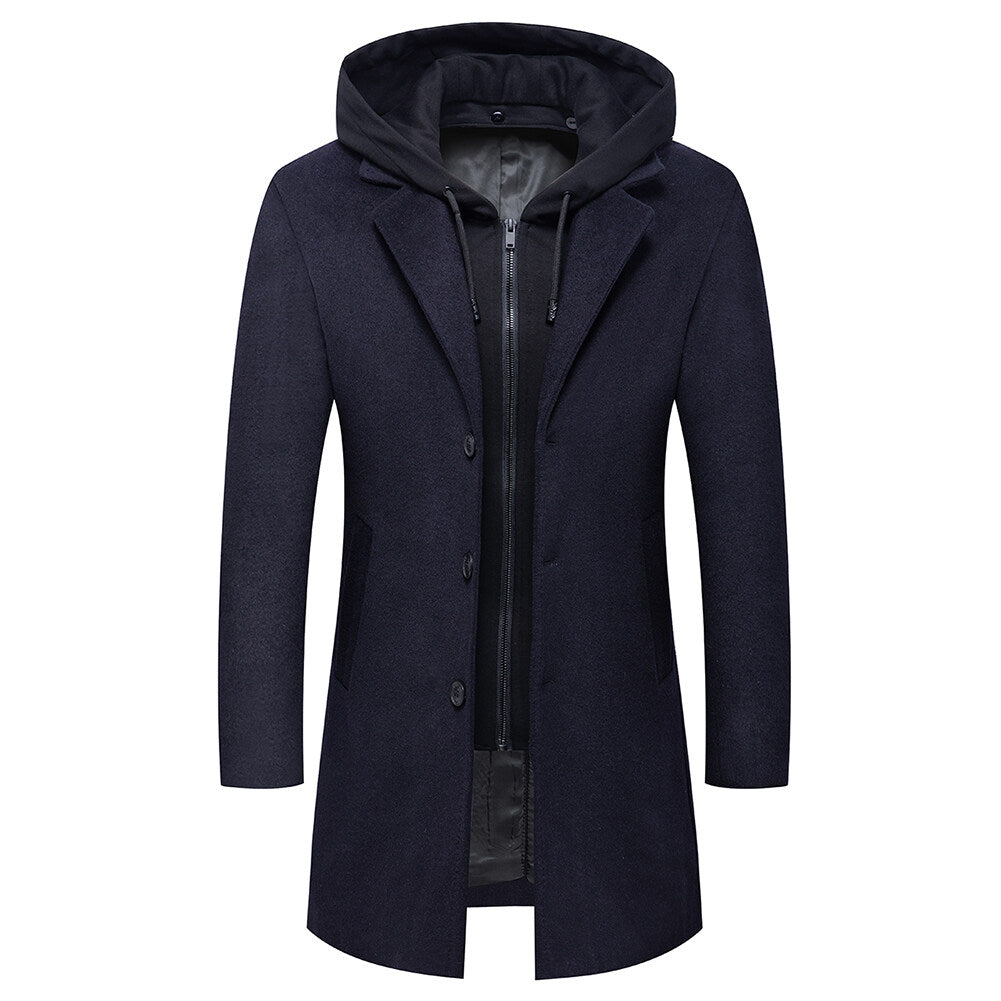 Youthup Mens Slim Fit Wool Coat Elegant Removable Hood Trench Overcoat