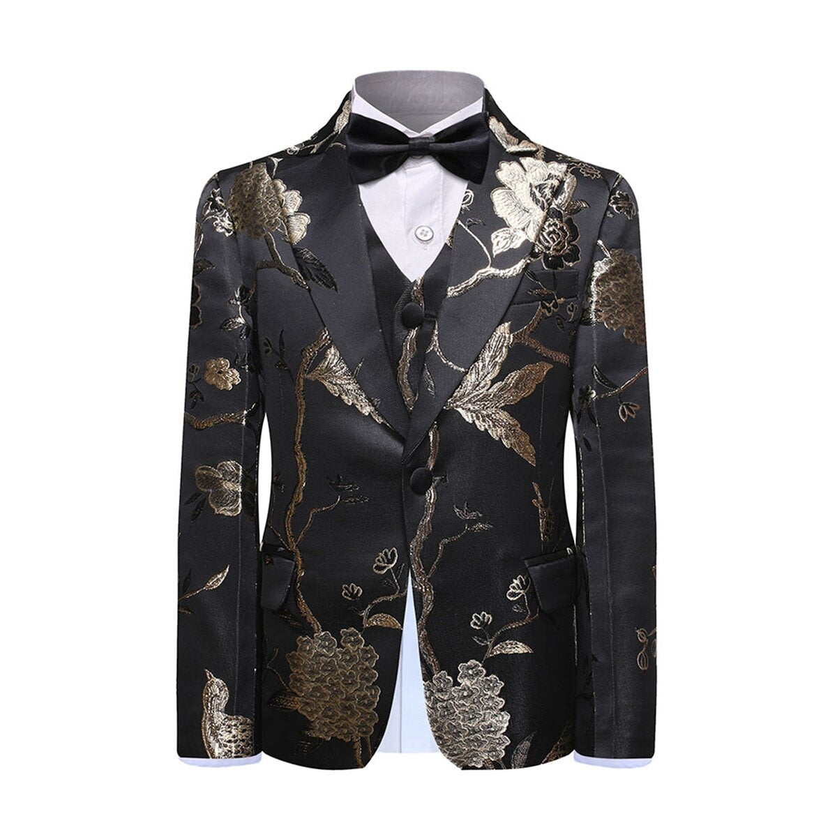 Youthup Boys 3-Pce Dress Suit Peaked Lapel Gold Thread Embroidery Blazer Vest Pants