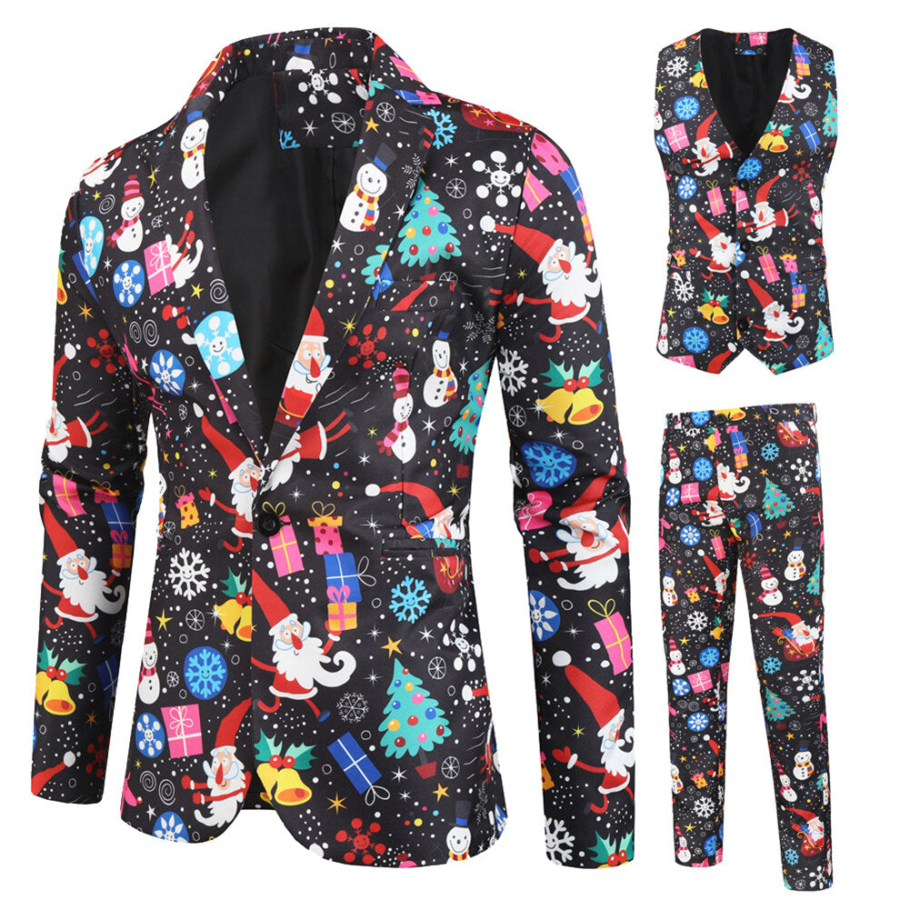 YOUTHUP Mens 3 Piece Suit Christmas Print Single Breasted Holiday Dress for Dinner or Party