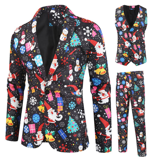 YOUTHUP Mens 3 Piece Suit Christmas Print Single Breasted Holiday Dress for Dinner or Party