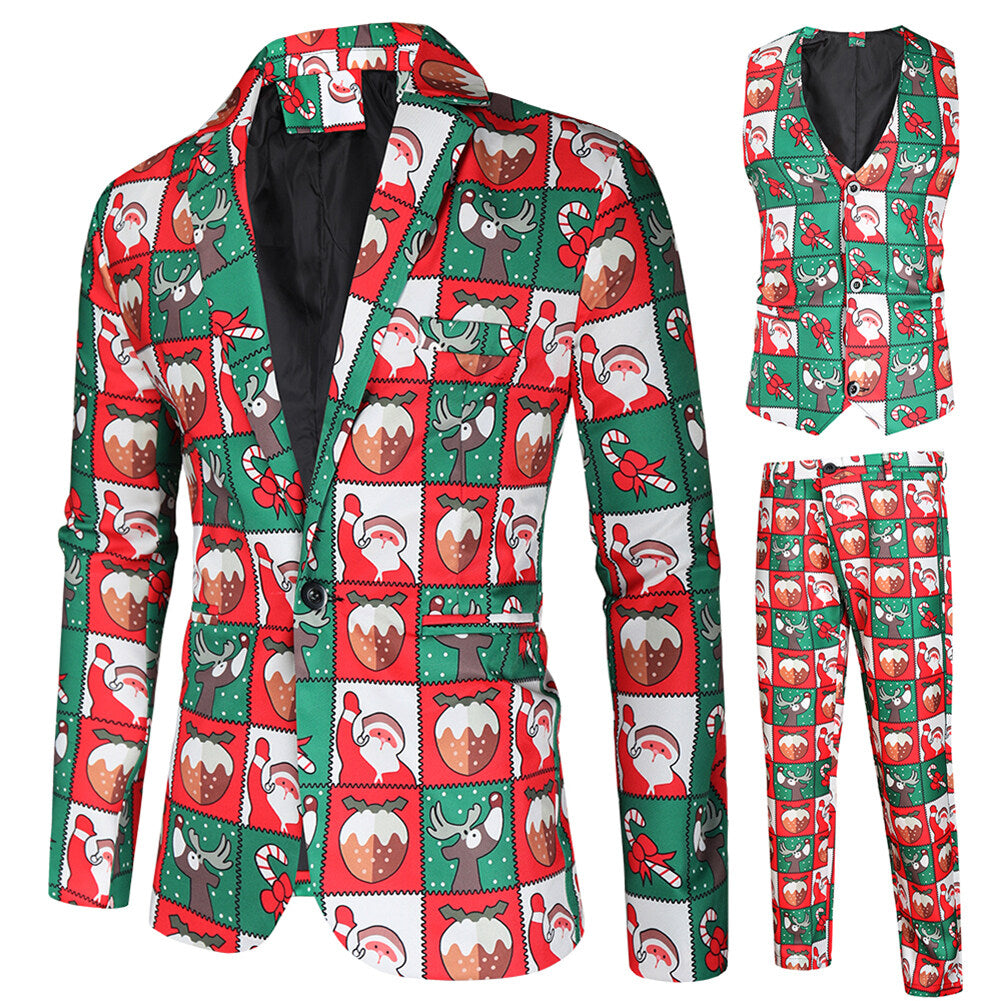 Youthup Mens Christmas 3Pce Suit Plaid Print Slim Fit Blazer Vest Trousers