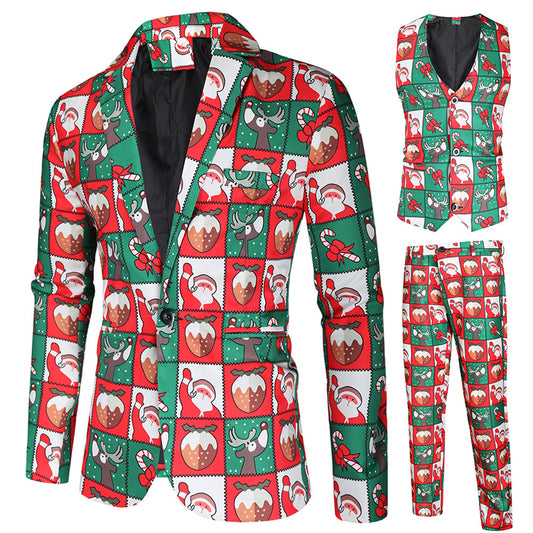 Youthup Mens Christmas 3Pce Suit Plaid Print Slim Fit Blazer Vest Trousers
