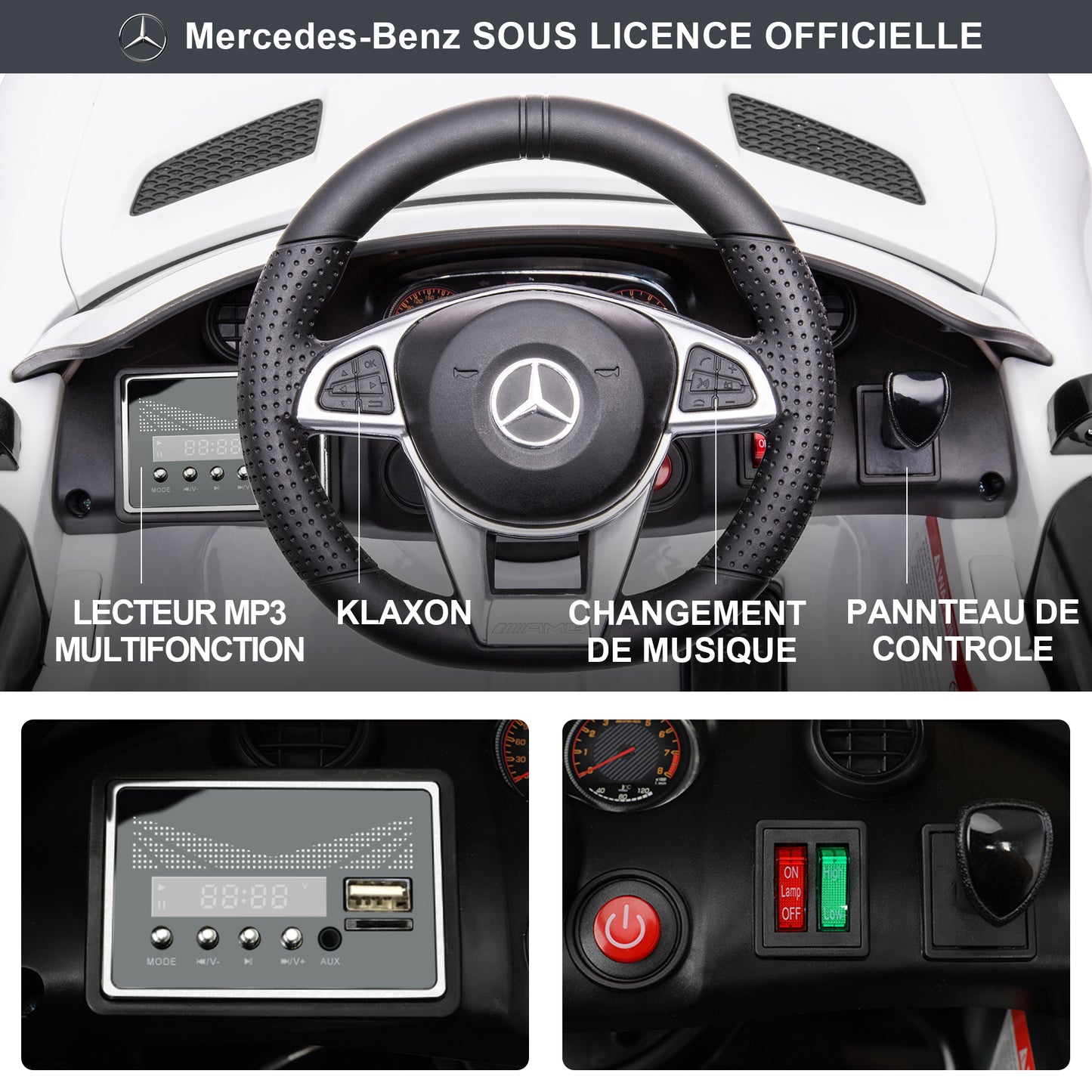 Voiture Electrique Mercedes-AMG GTR pour Enfant 3ans+,avec 2.4G Télécommande 2x15W 12V Vitesse 2km/h 25KG Portante, Blanc
