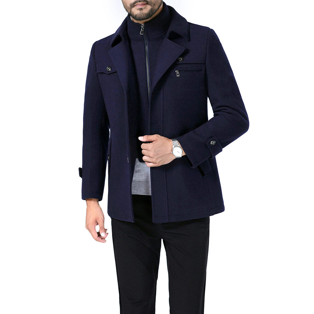 Youthup Mens Short Overcoat Fake Two-Piece Wool Jacket