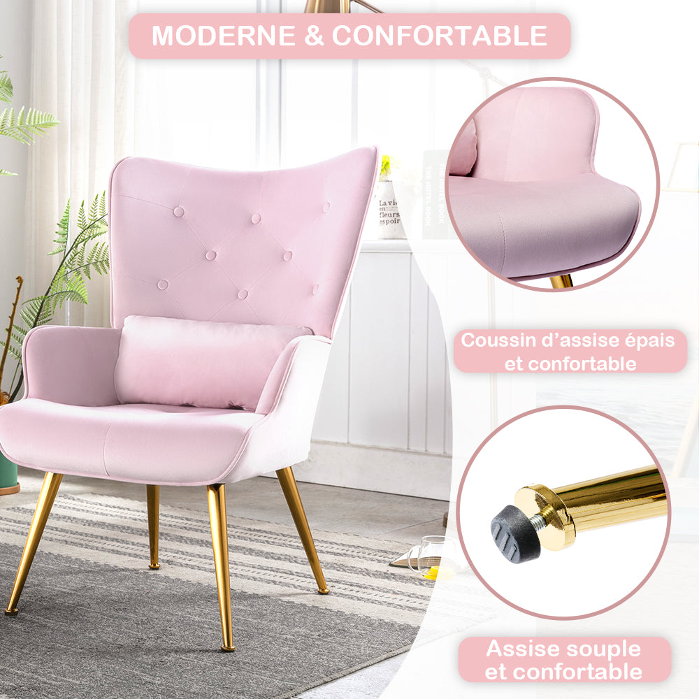 Fauteuil de Salon Scandinave avec Oreiller Lombaire Fauteuil Style Moderne en Tissu Velours pour Salon, Chambre Rose