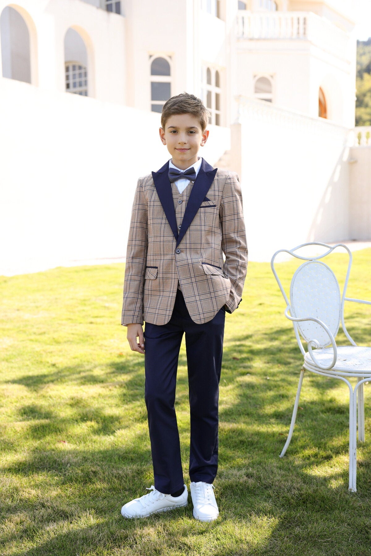 Youthup Boys 3Pce Plaid Peaked Lapel Tuxedo Wedding Party Suit Set