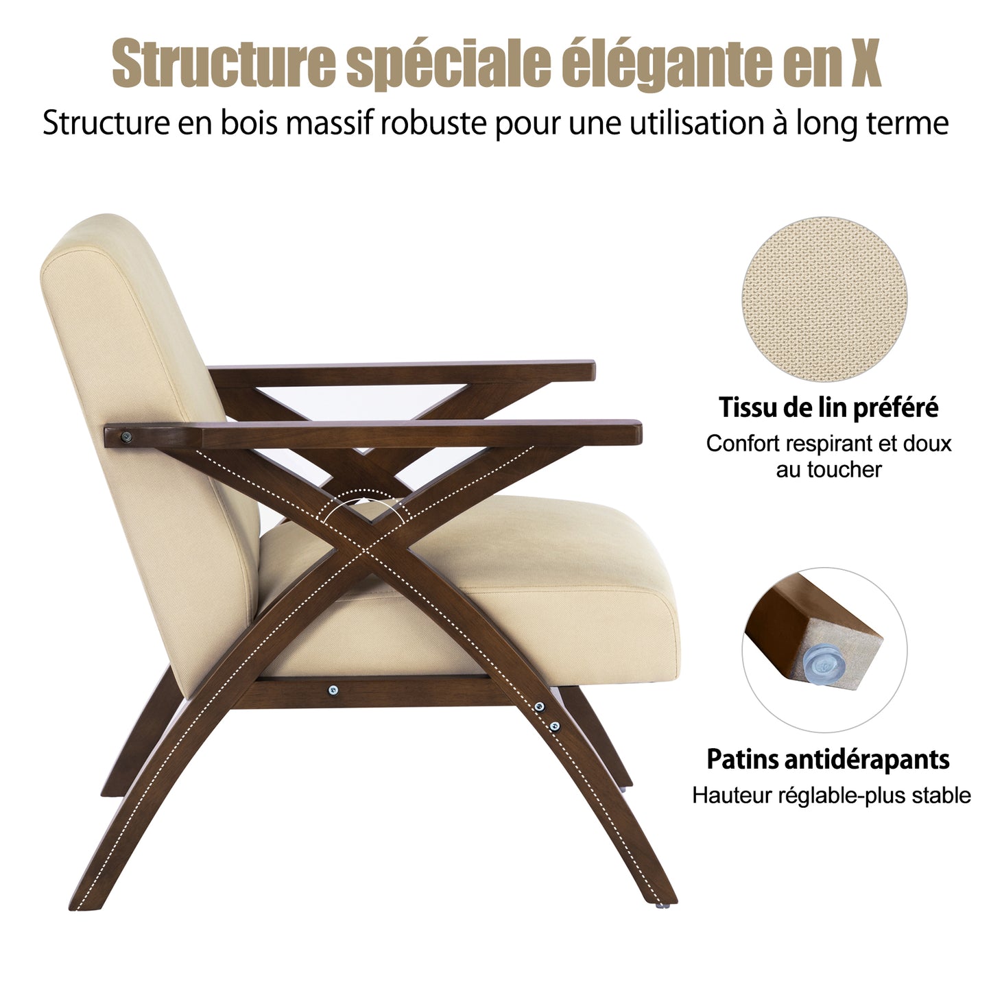 Fauteuil en Bois Massif  Fauteuil avec Conception d'Accoudoir en Forme X, Dossier Ergonomique pour bureau,chambre,salon, Marron clair