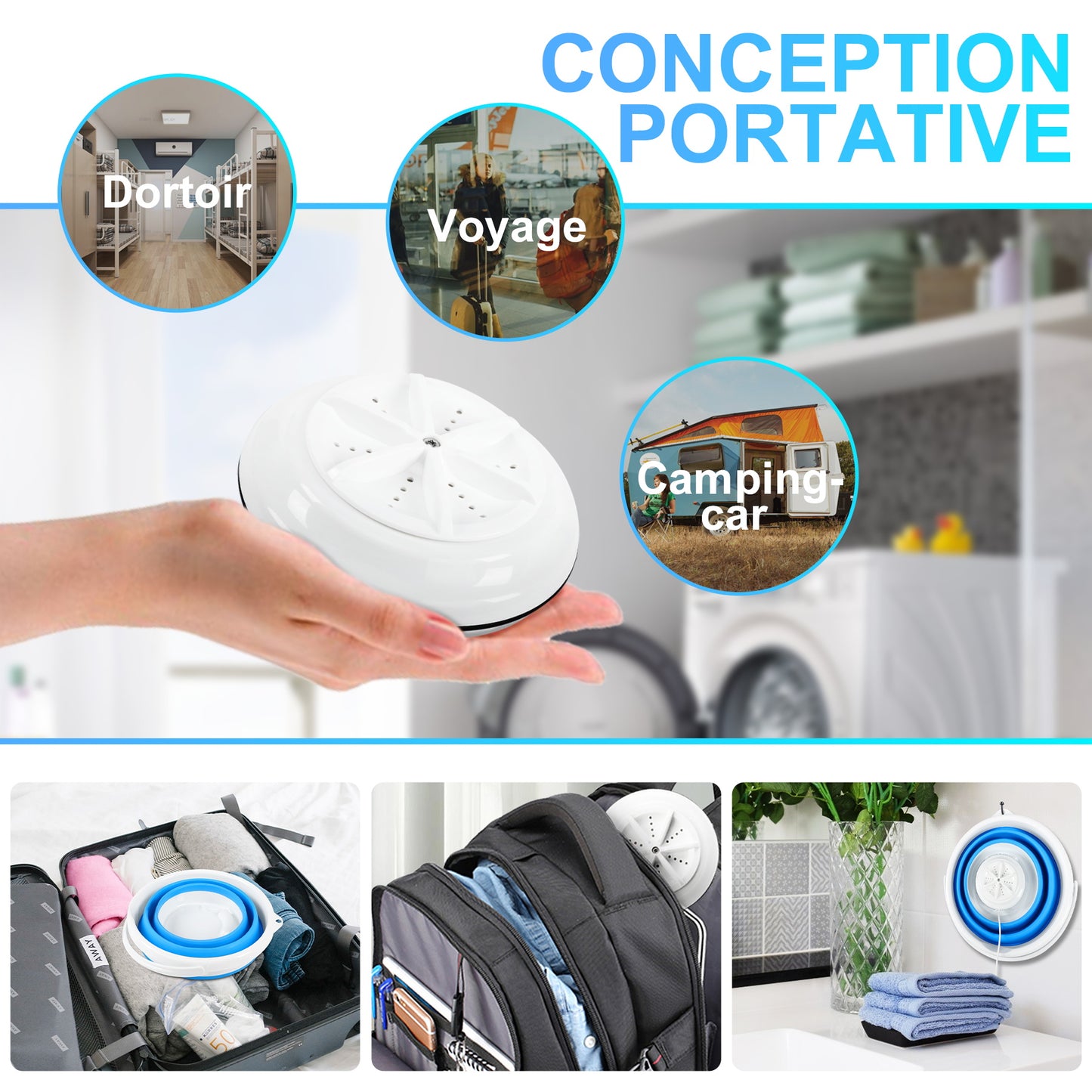 Draagbare opvouwbare wasmachine Automatische wasmachine voor appartement/studentenkamer - Blauw