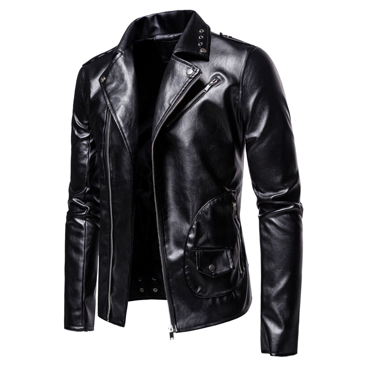 Youthup Mens Shiny Waterproof Punk Slim Fit Leather Jacket