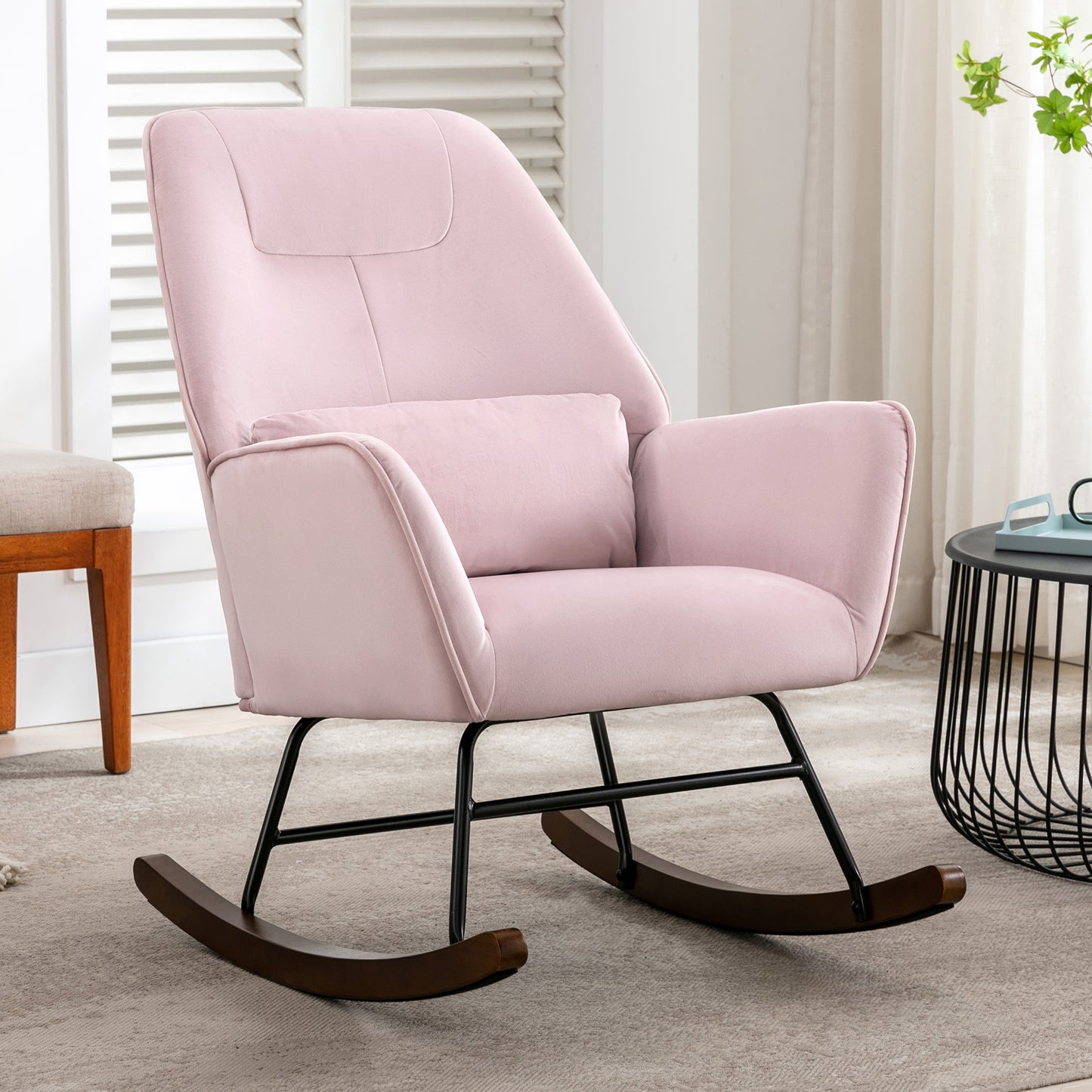 Fauteuil à Bascule en Velours Rembourré avec Support Lombaire,  Fauteuil Allaitement à Bascule pour Salon, Chambre d'enfant, Rose