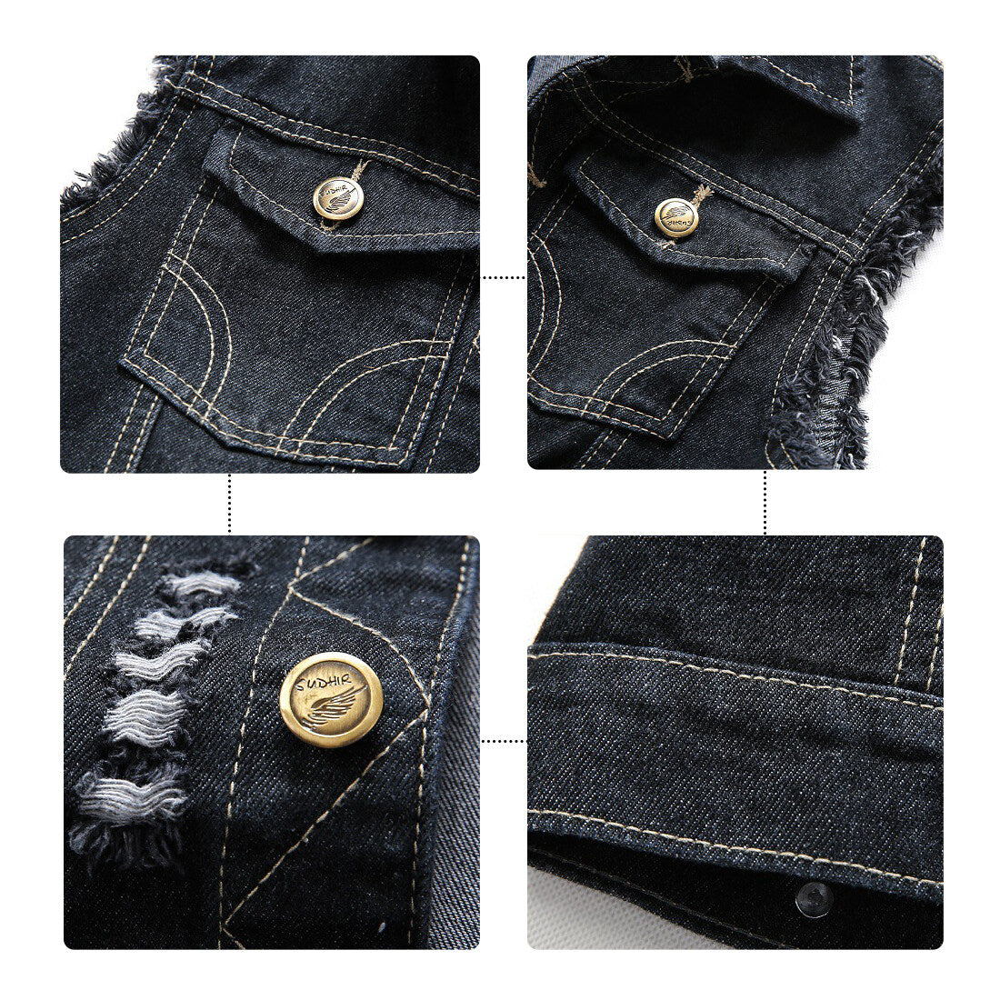 YOUTHUP Mens Ripped Denim Casual Vintage Biker Cowboy Vest