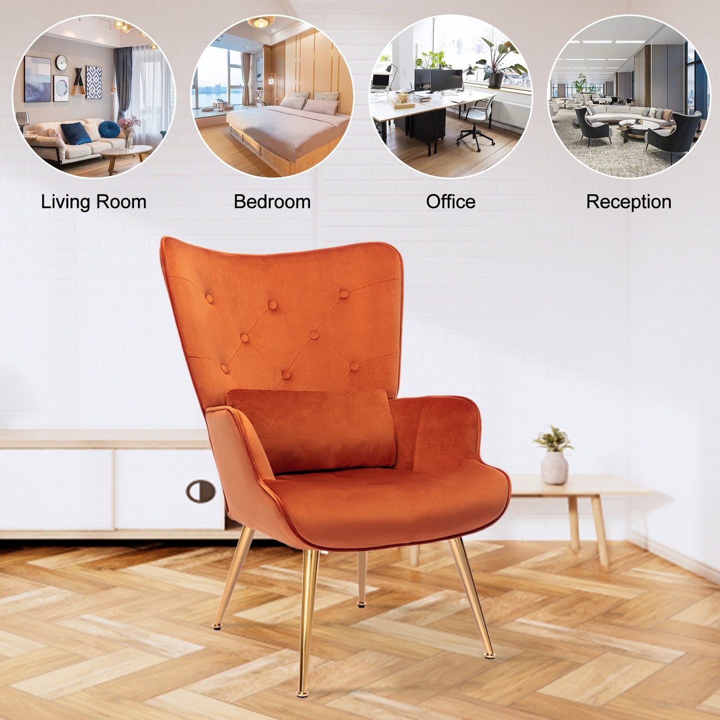 Fauteuil de Salon Scandinave avec Oreiller Lombaire Fauteuil Style Moderne en Tissu Velours pour Salon, Chambre Caramel
