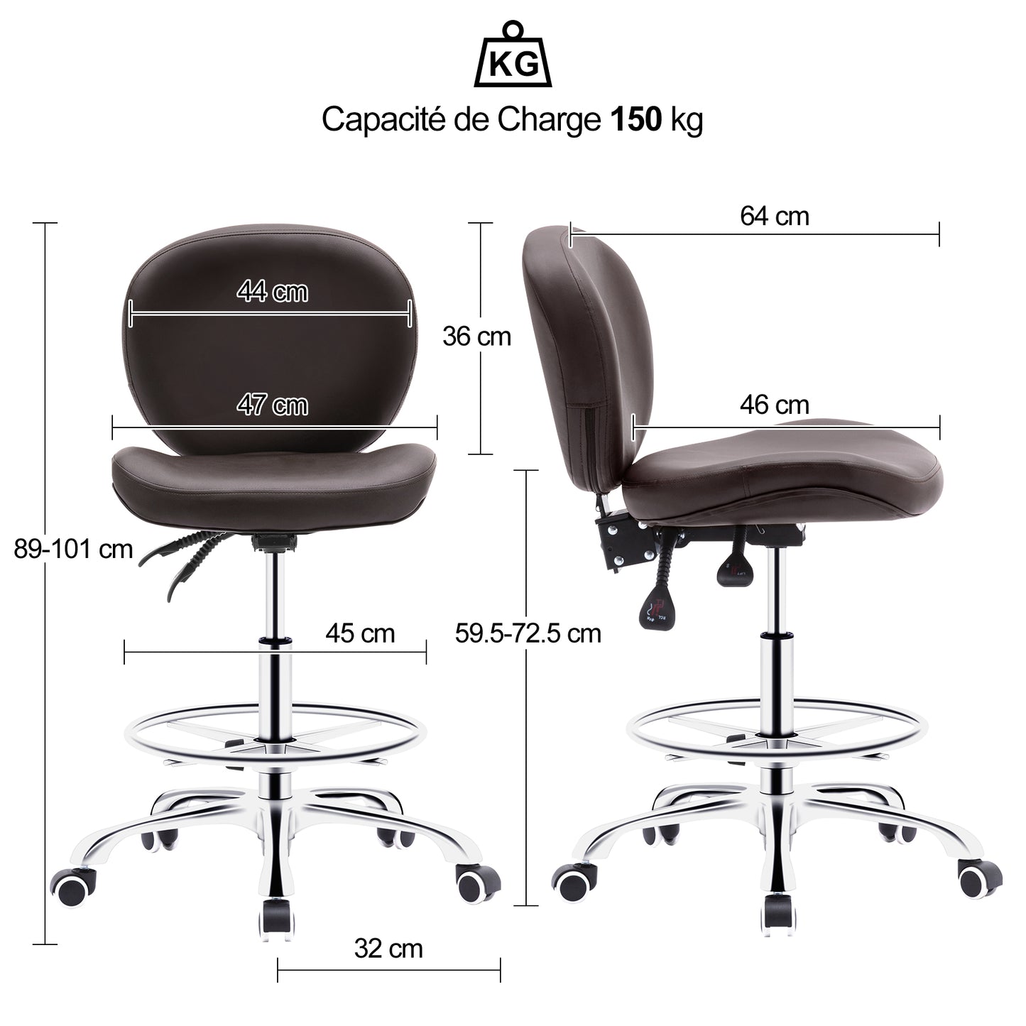 Tabouret roulettes avec Dossier et Anneau en Métal Rotation à 360° Hauteur Réglable 59,5-72,5cm Brun
