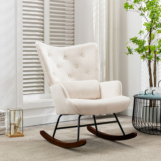 Cadeira de Balanço HomeMiYN com Banco Acompanhante (87x66x90cm - Metal/Madeira - bege)