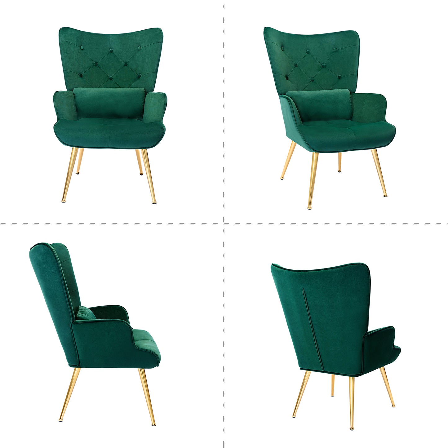 Fauteuil de Salon Scandinave avec Oreiller Lombaire Fauteuil Style Moderne en Tissu Velours pour Salon, Chambre Vert Foncé
