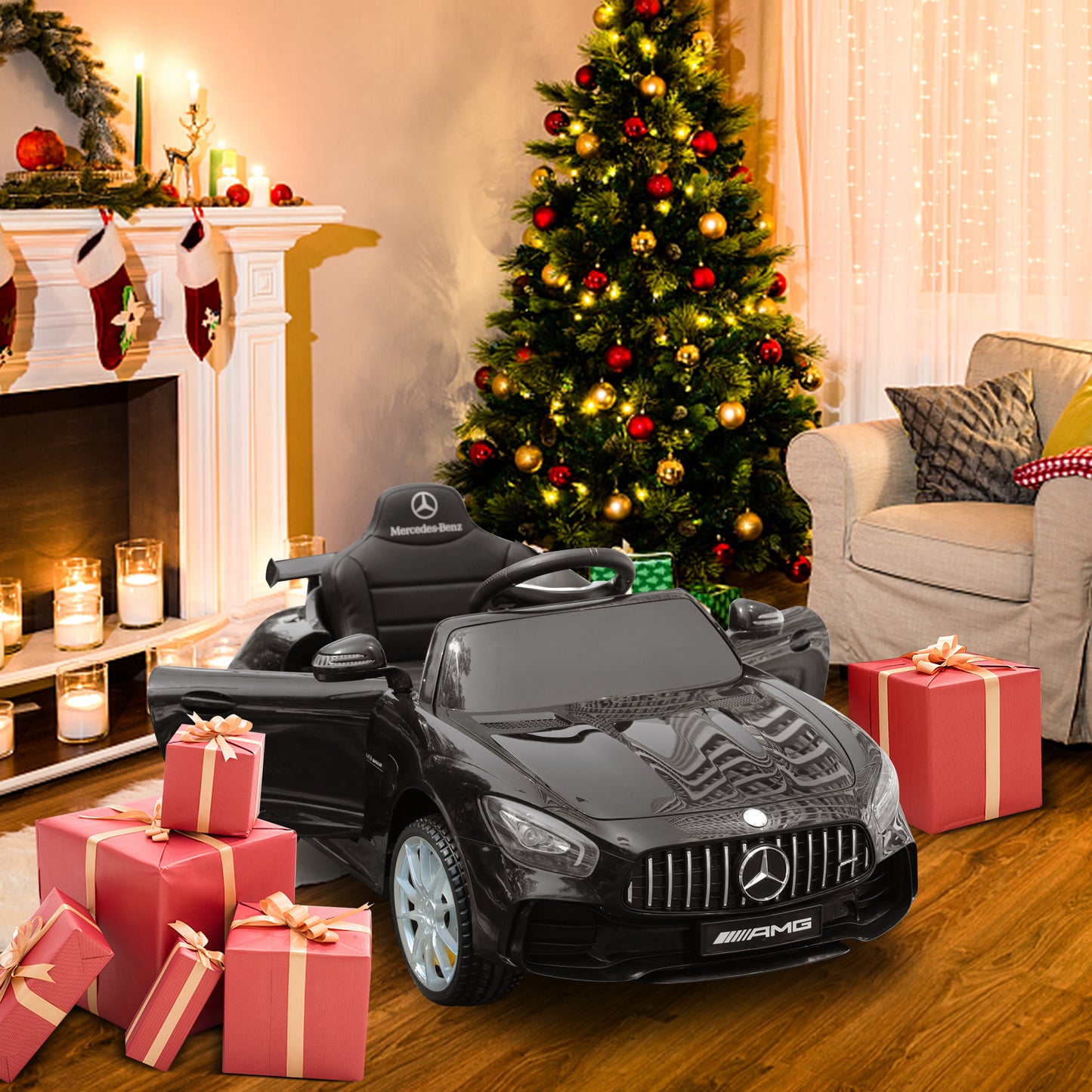 Voiture Electrique Mercedes-AMG GTR pour Enfant 3ans+,avec 2.4G Télécommande 2x15W 12V Vitesse 2km/h 25KG Portante, Noir