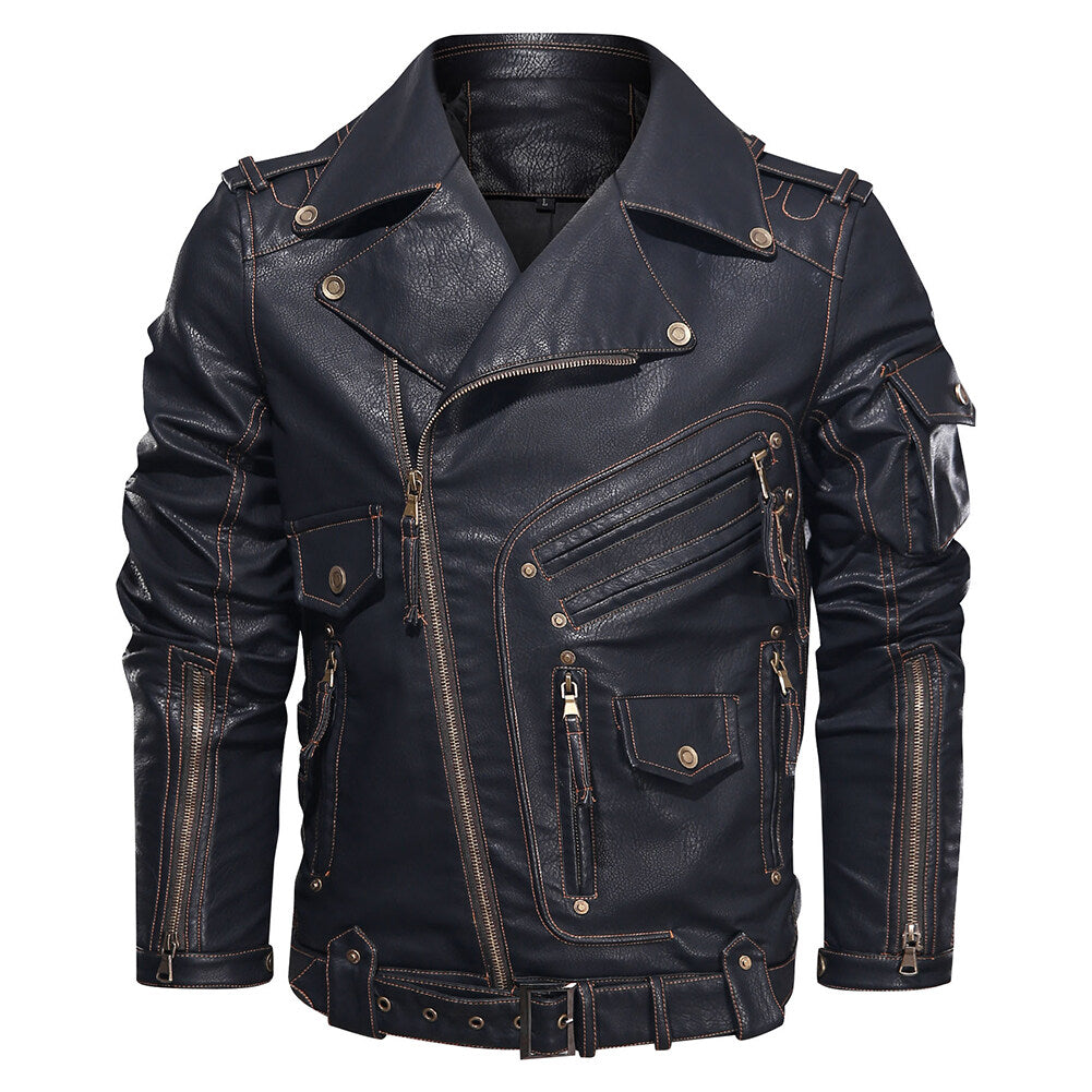 YOUTHUP Mens Biker Punk Zipped Heavy Leather Jacket