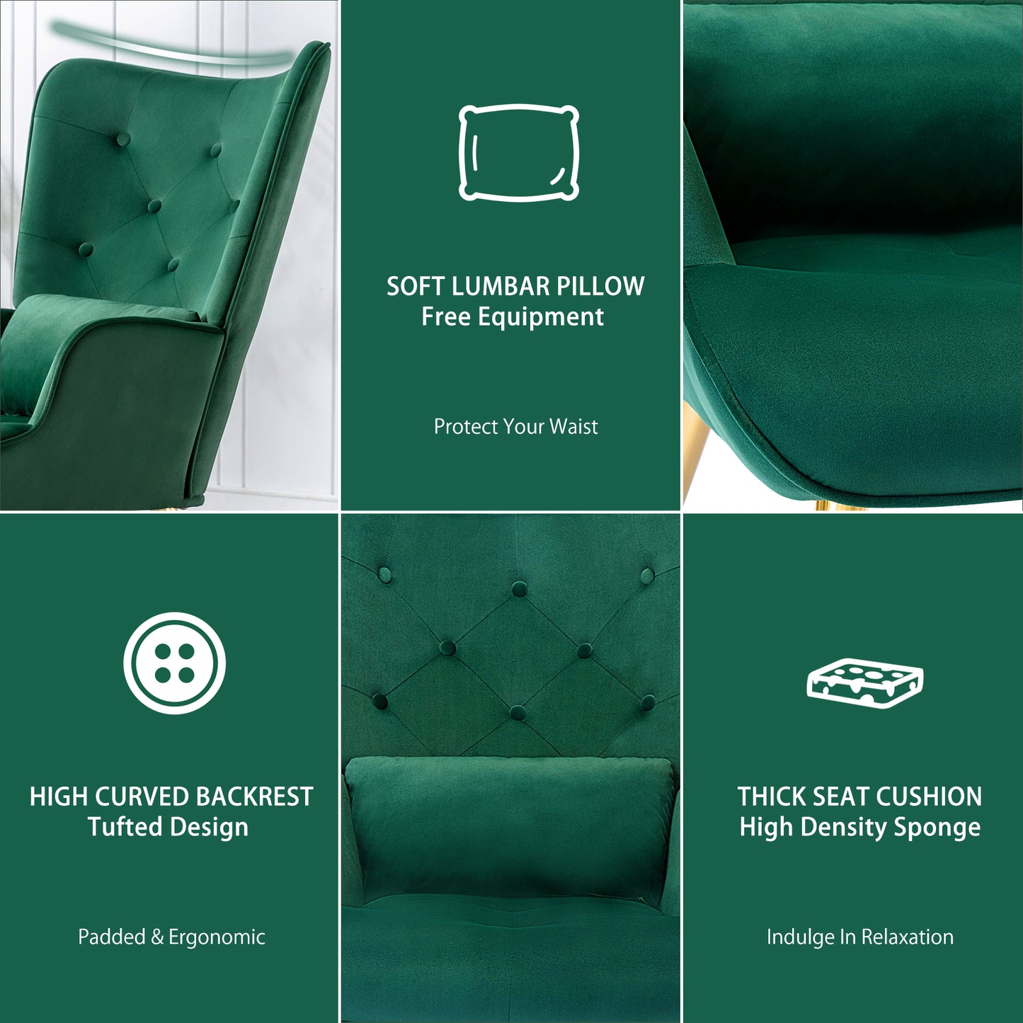 Fauteuil de Salon Scandinave avec Oreiller Lombaire Fauteuil Style Moderne en Tissu Velours pour Salon, Chambre Vert Foncé