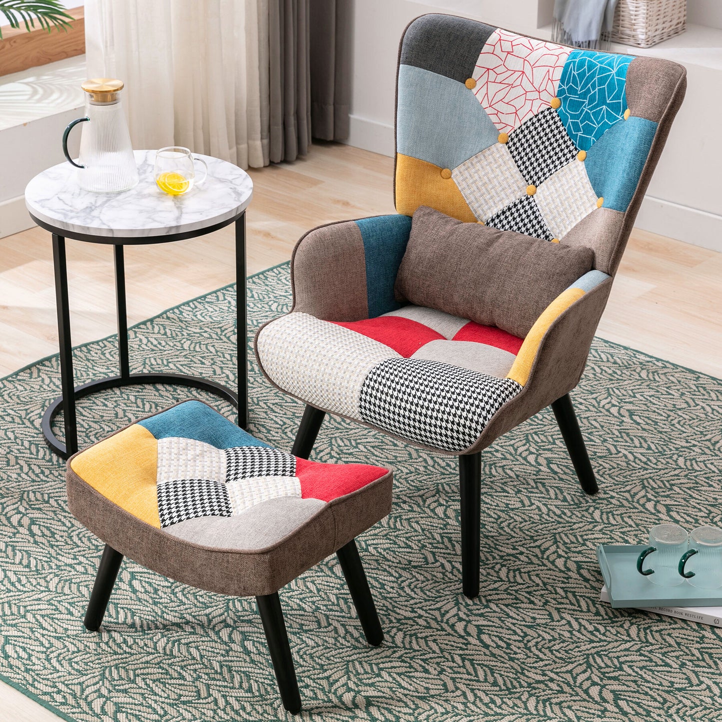 Sillón relajante con taburete Sillón patchwork sillón de madera salón, sillón de TV moderno sillón de lino patas de madera maciza
