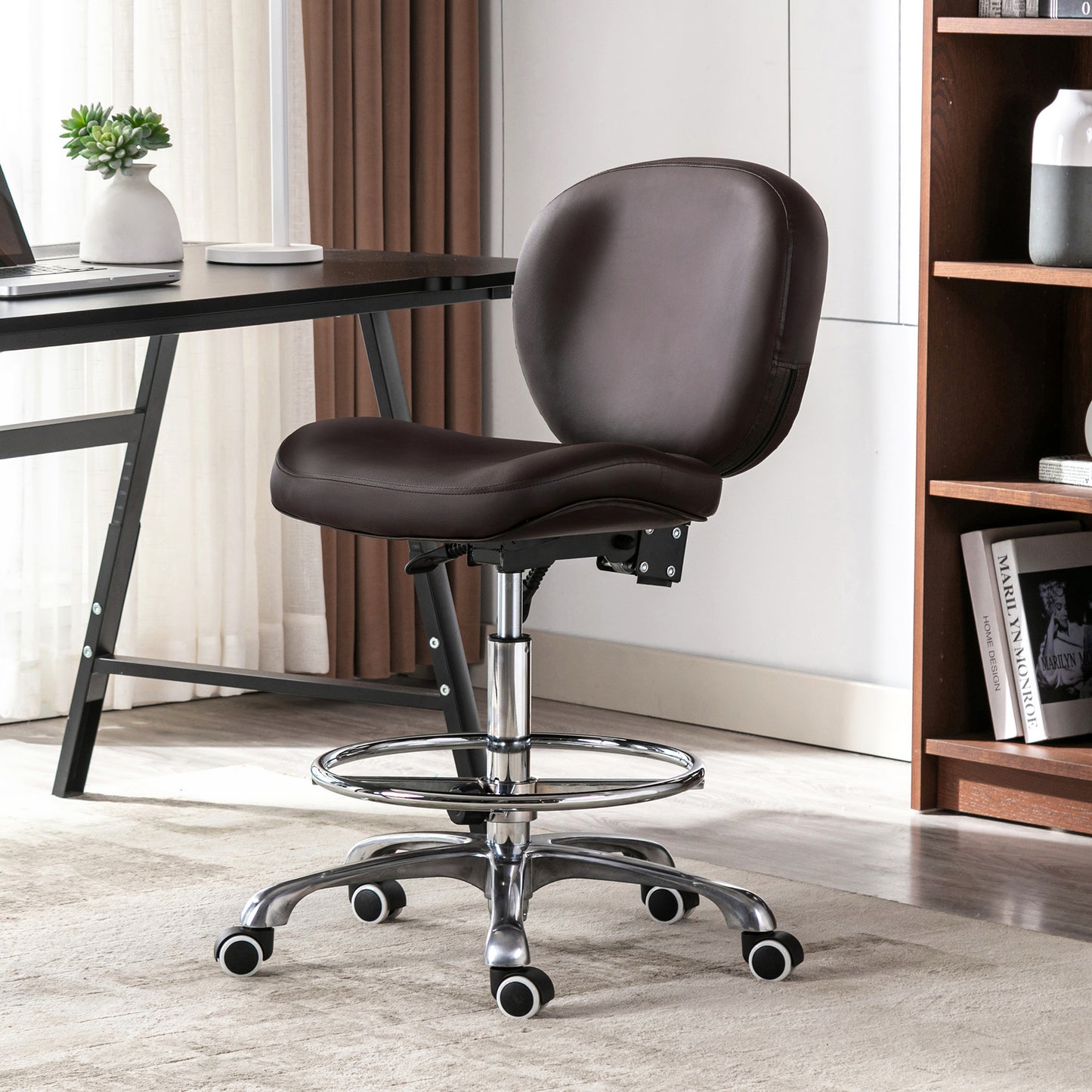 Tabouret roulettes avec Dossier et Anneau en Métal Rotation à 360° Hauteur Réglable 59,5-72,5cm Brun
