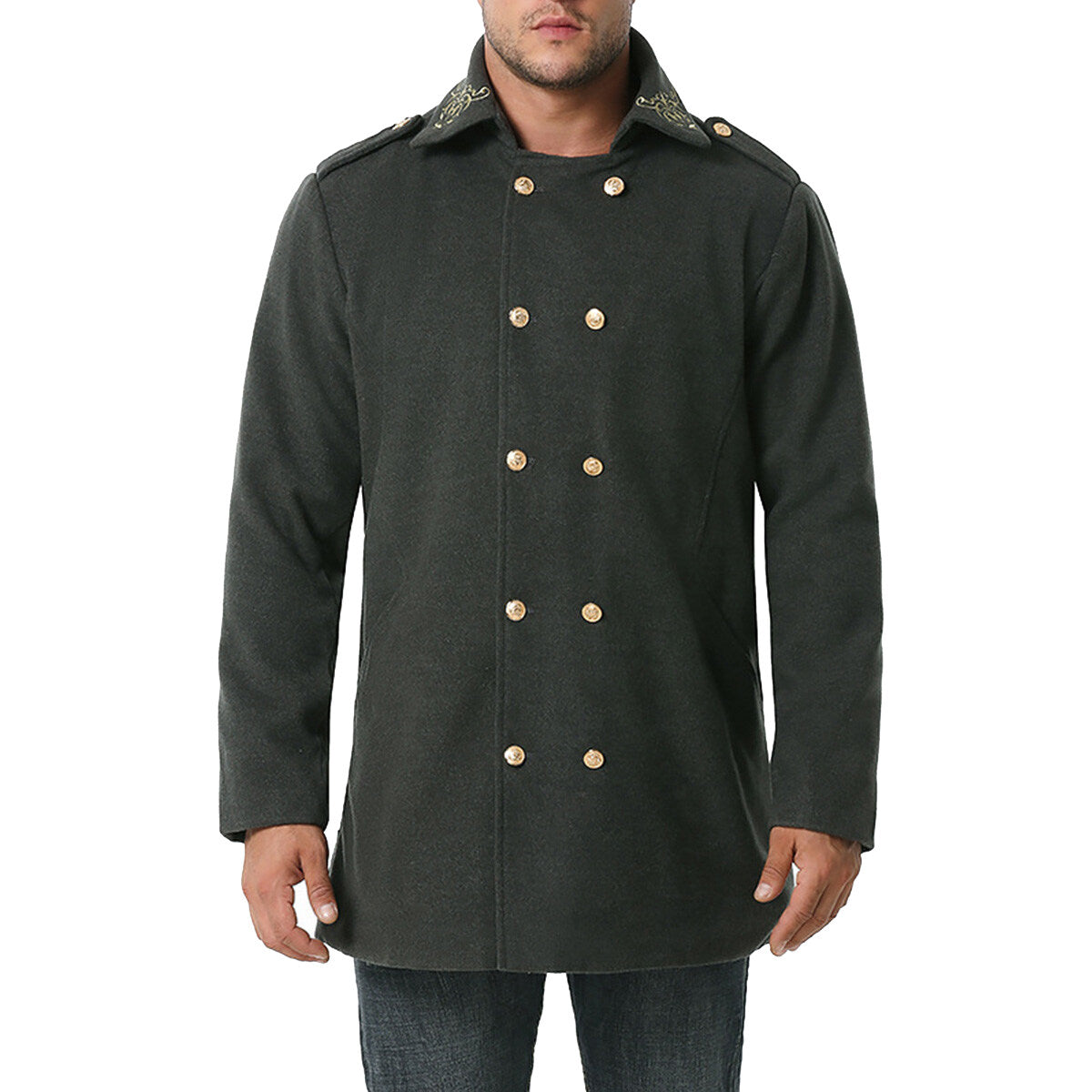 Youthup Mens Foil Stamping Print Lapel Wool Pea Coat