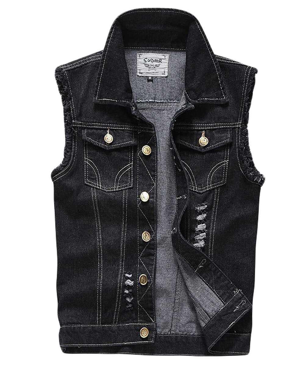 YOUTHUP Mens Ripped Denim Casual Vintage Biker Cowboy Vest