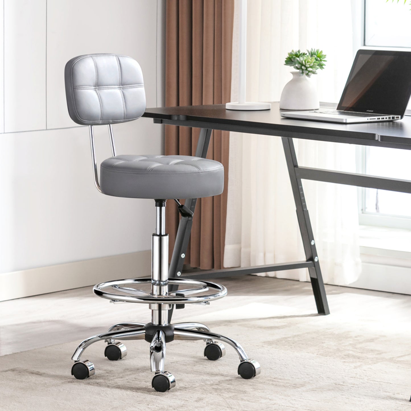 Tabouret roulettes avec Dossier et Anneau en Métal, Tabouret  Rotation à 360° Hauteur Réglable 63-76cm, Tabouret Ergonomique Gris
