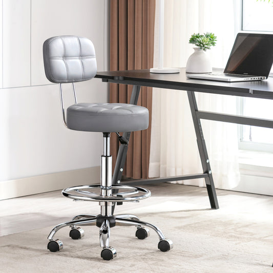 Tabouret roulettes avec Dossier et Anneau en Métal, Tabouret  Rotation à 360° Hauteur Réglable 63-76cm, Tabouret Ergonomique Gris