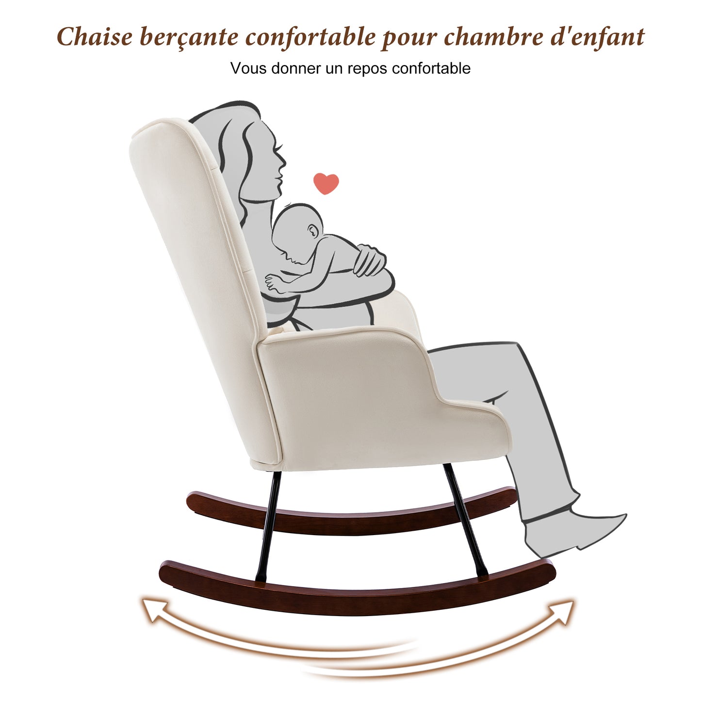 Fauteuil à Bascule  Rembourré en Velours Moderne  pour Salon, Chaise à Bascule à Dossier Haut avec Pieds en Bois, Beige