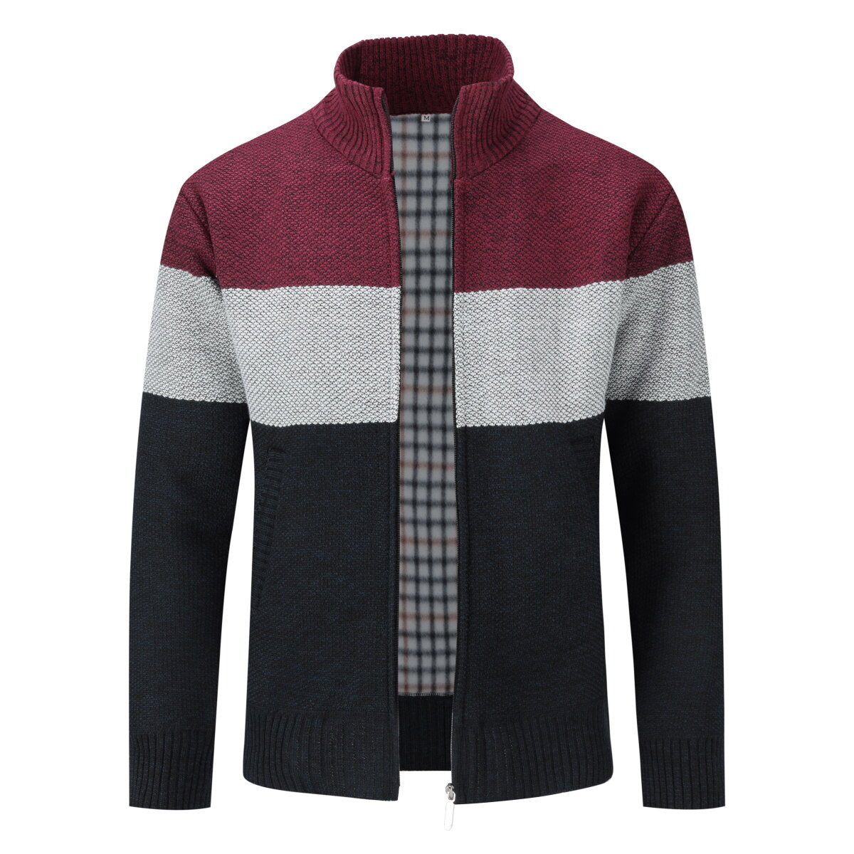 Youthup Mens Stand Collar Sweater Color Block Knit Cardigan