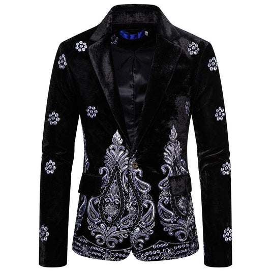 Youthup Mens Velvet Embroidered Jacket Show Party Evening Suit Blazer