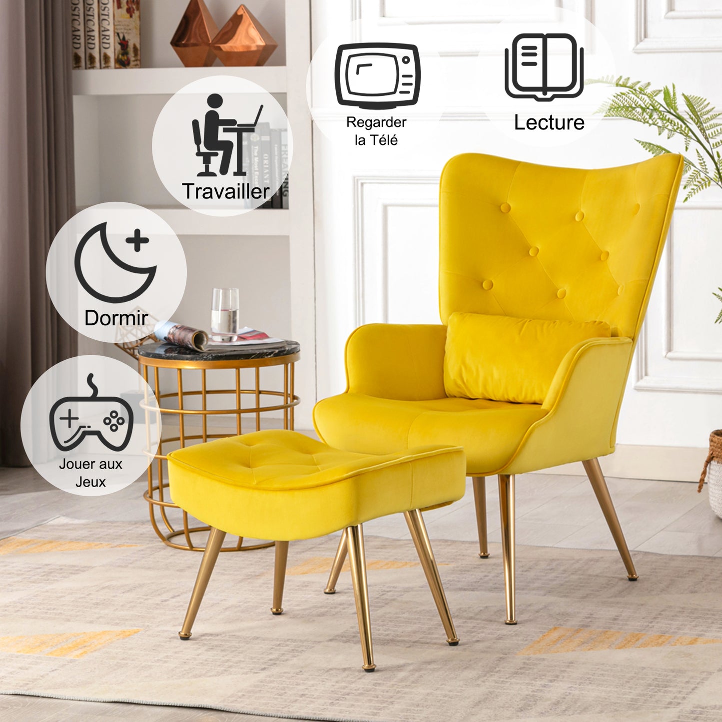 Fauteuil Scandinave avec Repose-Pieds,Support Lombaire et Pieds en Métal, Fauteuil Ergonomique Boutonnée de Dossier Jaune