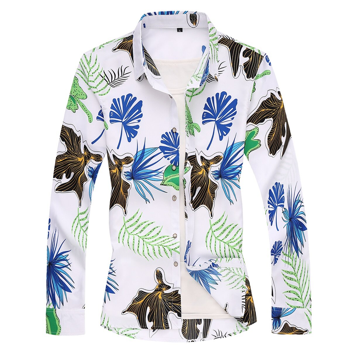 Youthup Mens Regular Fit Long Sleeve Leaves Print Plus Size Shirts