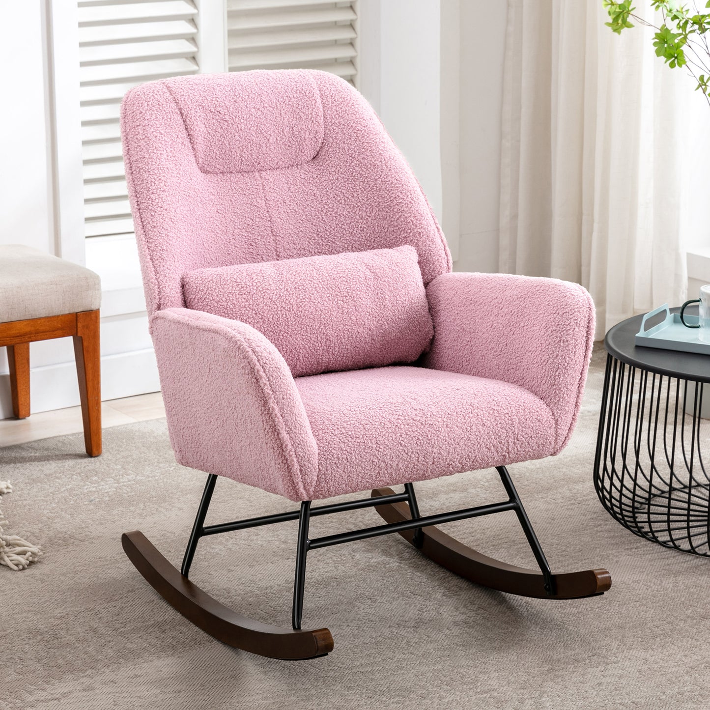 Fauteuil à Bascule en Laine d'agneau Fauteuil en Laine Moderne, Chaise à Bascule Confortable avec Pieds en Bois Massif  Rose