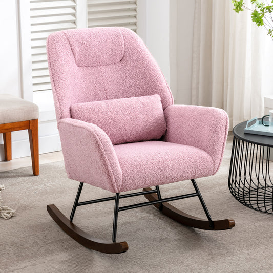 Fauteuil à Bascule en Laine d'agneau Fauteuil en Laine Moderne, Chaise à Bascule Confortable avec Pieds en Bois Massif  Rose