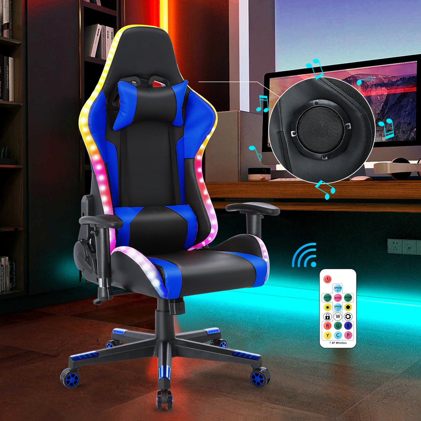Chaise Gaming  avec  lumière LED et Bluetooth  Fauteuil Gamer avec  haut-parleur Noir et bleu