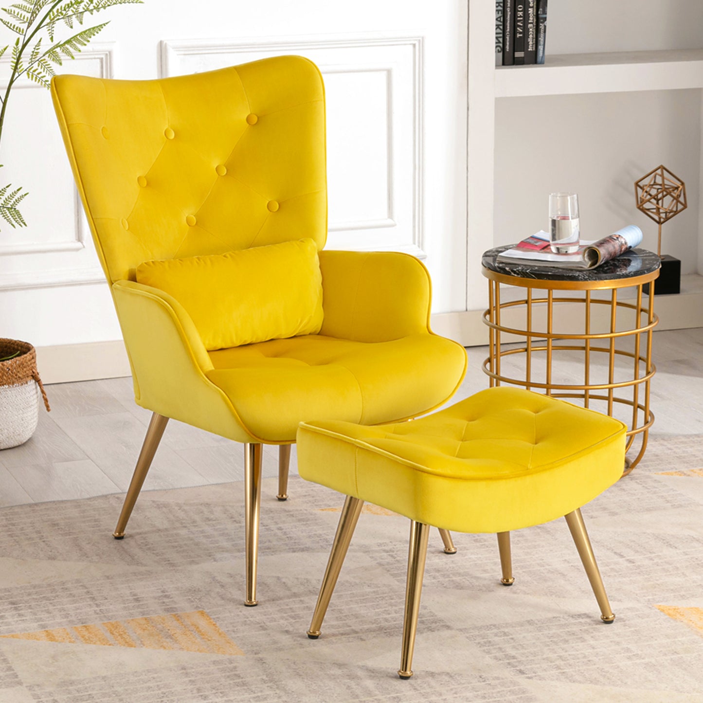 Fauteuil Scandinave avec Repose-Pieds,Support Lombaire et Pieds en Métal, Fauteuil Ergonomique Boutonnée de Dossier Jaune