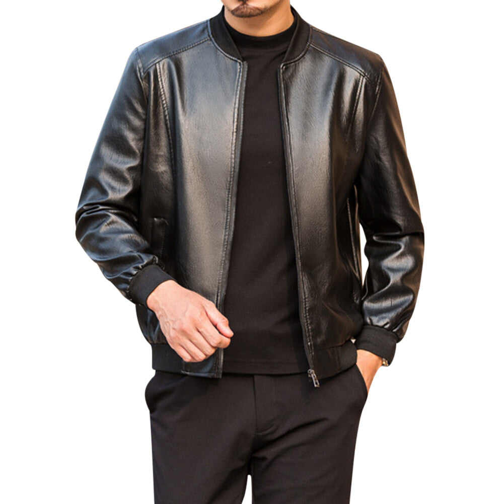 Youthup Mens Winter Round Neck Plush Lined Zipper Leather Jacket