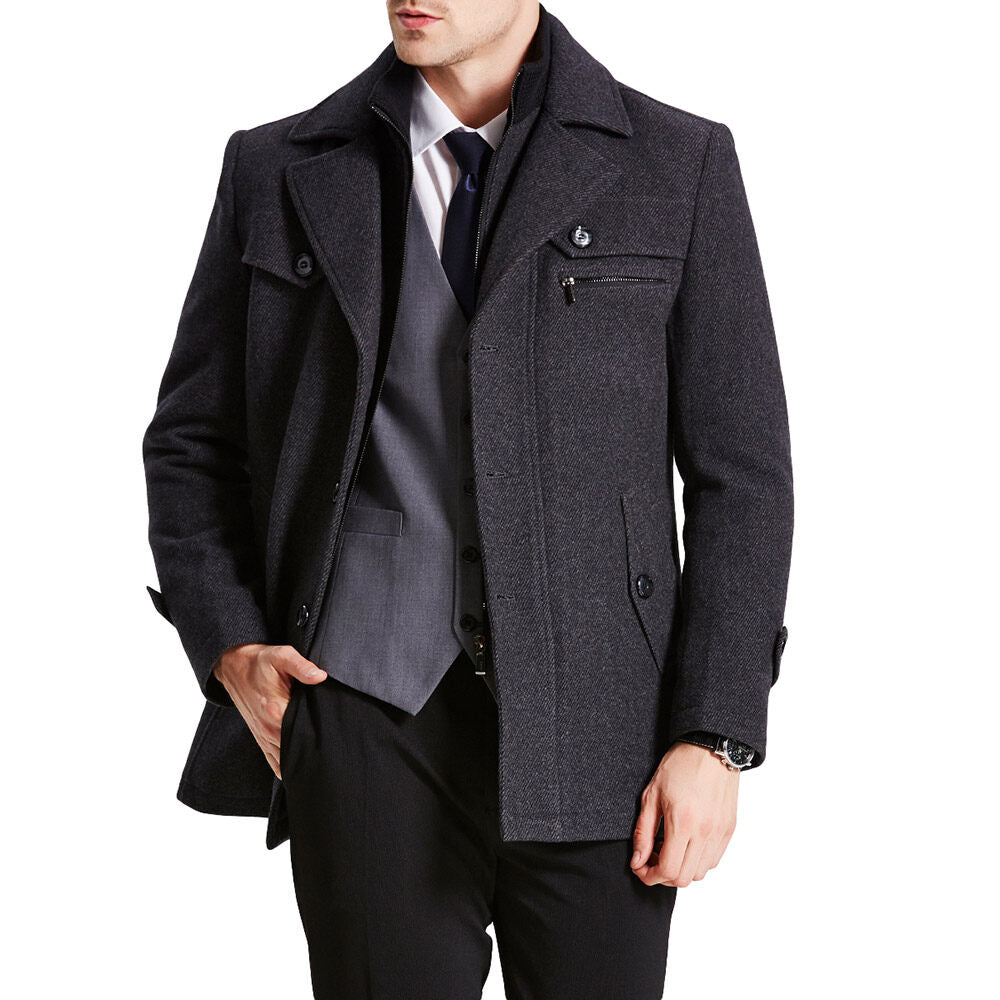 YOUTHUP Mens Winter Mid Length Thick Wool Trench Coats Regular Fit Padded Military