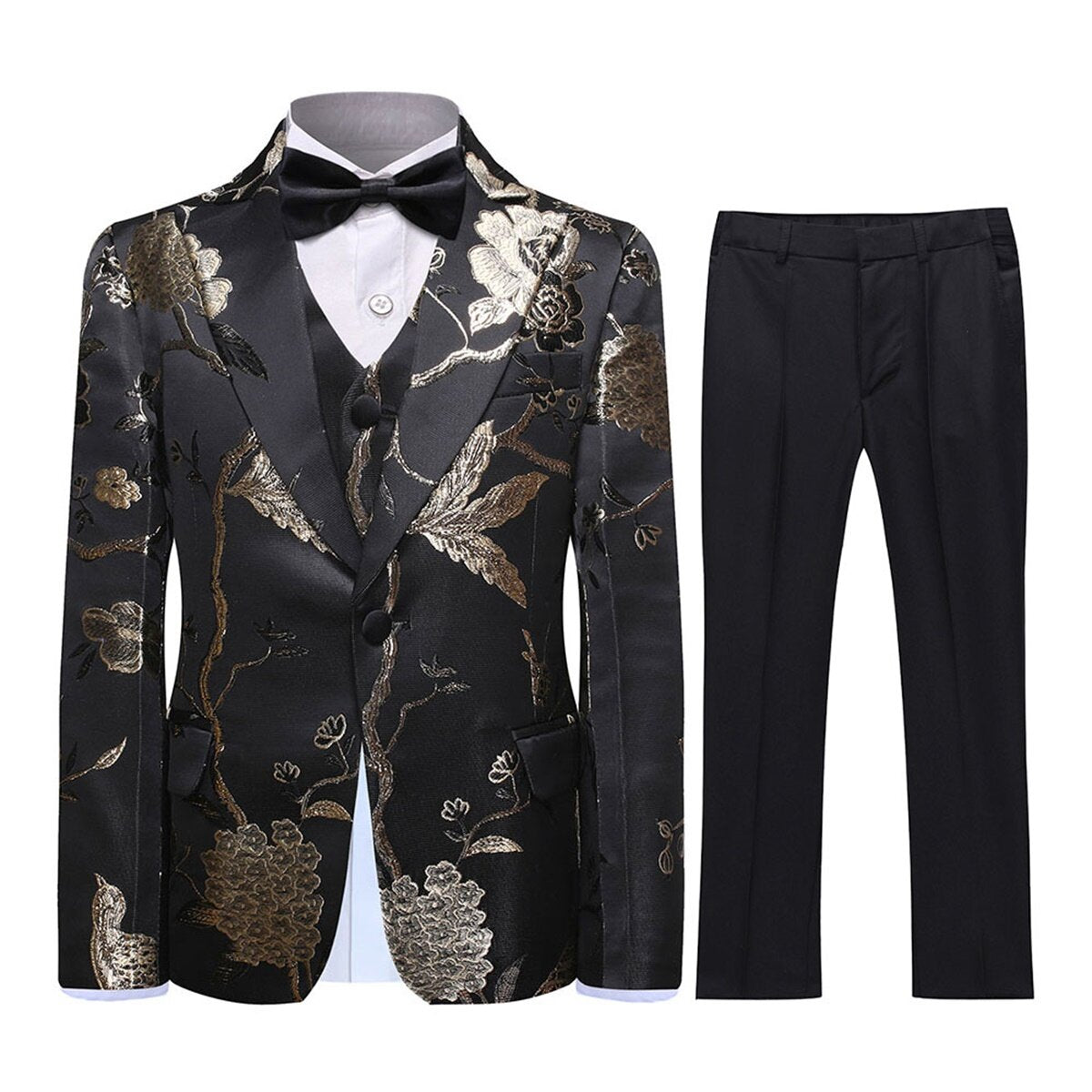 Youthup Boys 3-Pce Dress Suit Peaked Lapel Gold Thread Embroidery Blazer Vest Pants