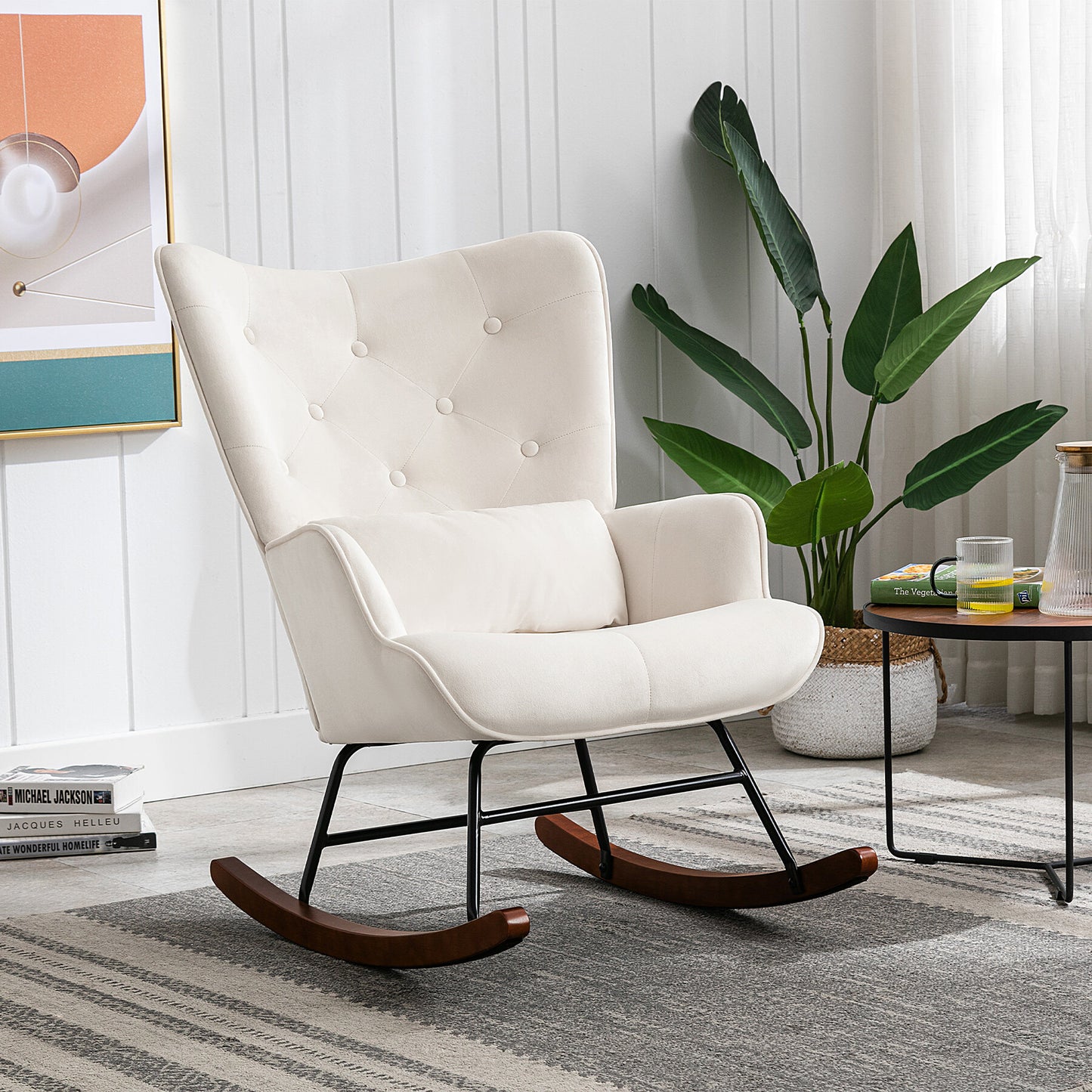 Cadeira de Balanço HomeMiYN com Banco Acompanhante (87x66x90cm - Metal/Madeira - bege)