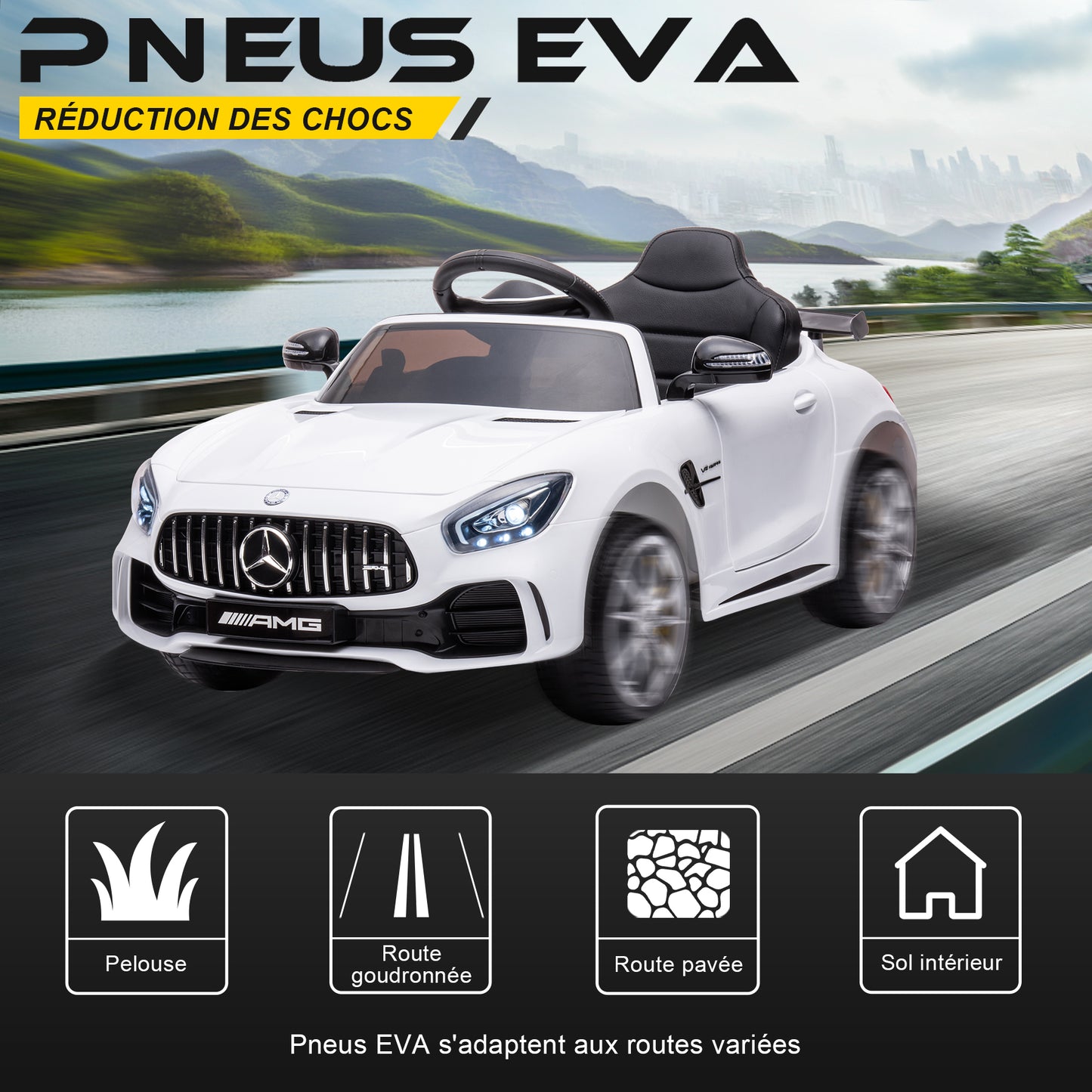 Voiture Electrique Mercedes-AMG GTR pour Enfant 3ans+,avec 2.4G Télécommande 2x15W 12V Vitesse 2km/h 25KG Portante, Blanc