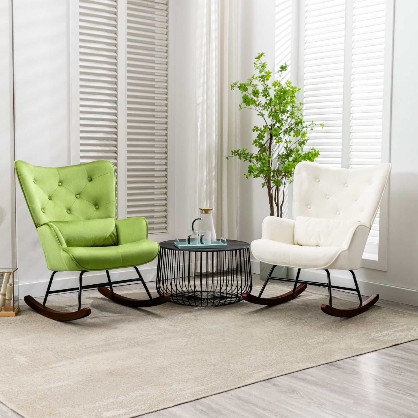 Mecedora mecedora de terciopelo con estructura de metal y base de madera silla tapizada para sala de estar sillón retro ocio silla de relajación para dormitorio habitación infantil verde claro