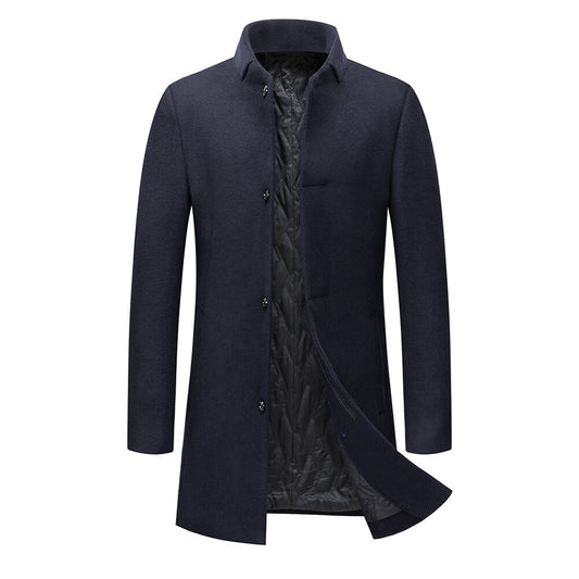 Youthup Mens Winter Wool Coat One Button Solid Stand Collar Overcoat