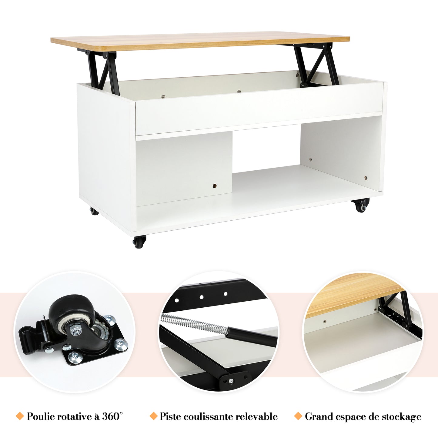Table Basse Relevable Réglable en Hauteur Table de Salon avec Roulettes Table avec Compartiment Caché Design Réglable en Hauteur.Jaune