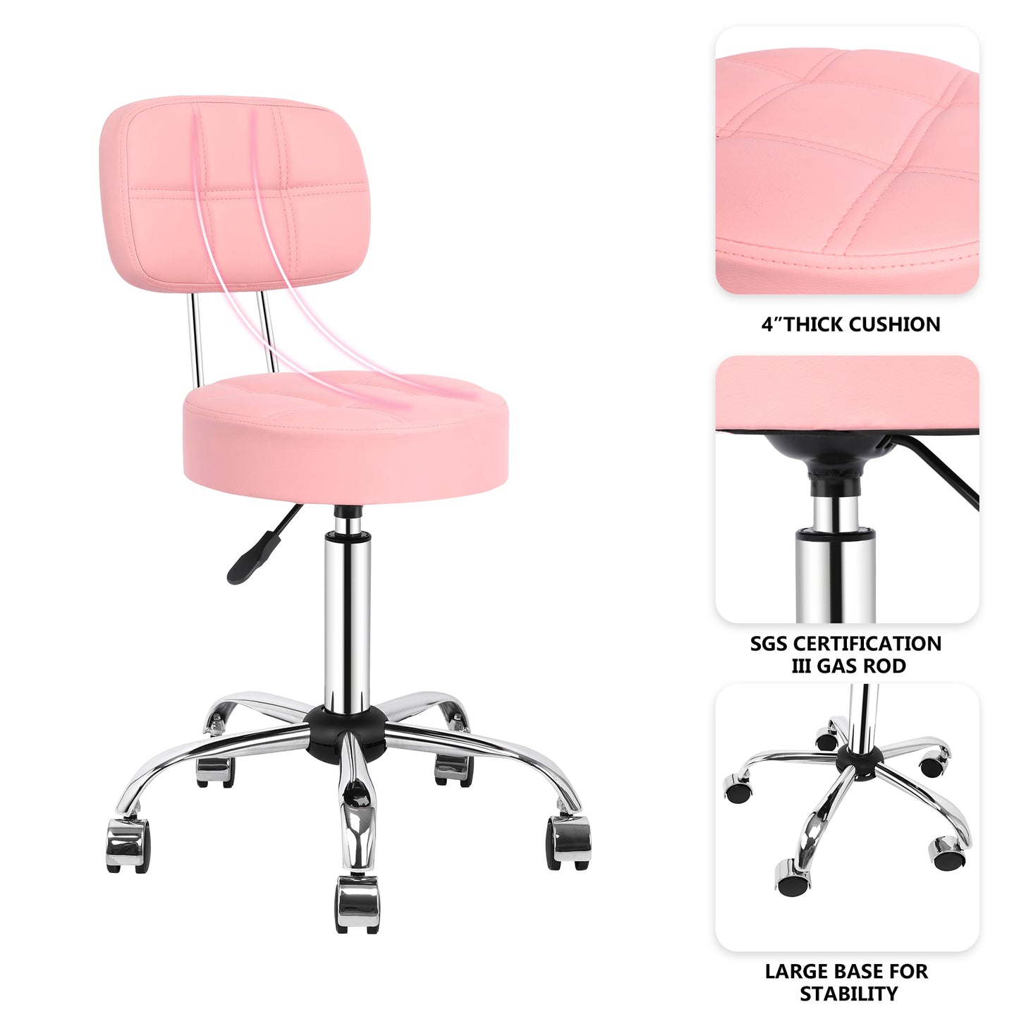 Tabouret de Bar Rond à roulettes Pivotant 360° de Massage  EN HAUTEUR REGLABLE pour SPA ,Salon ,Salle ,Médicale Rose