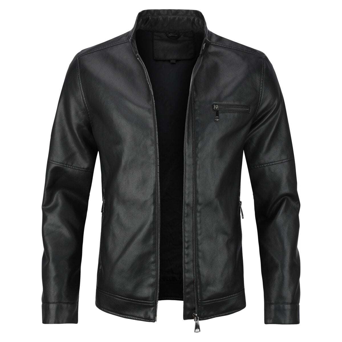 Youthup Mens Stand Collar Zip Pocket Leather Jacket