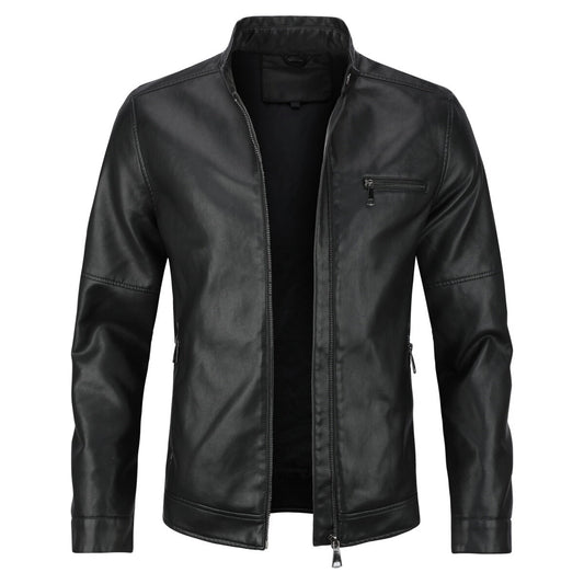 Youthup Mens Stand Collar Zip Pocket Leather Jacket