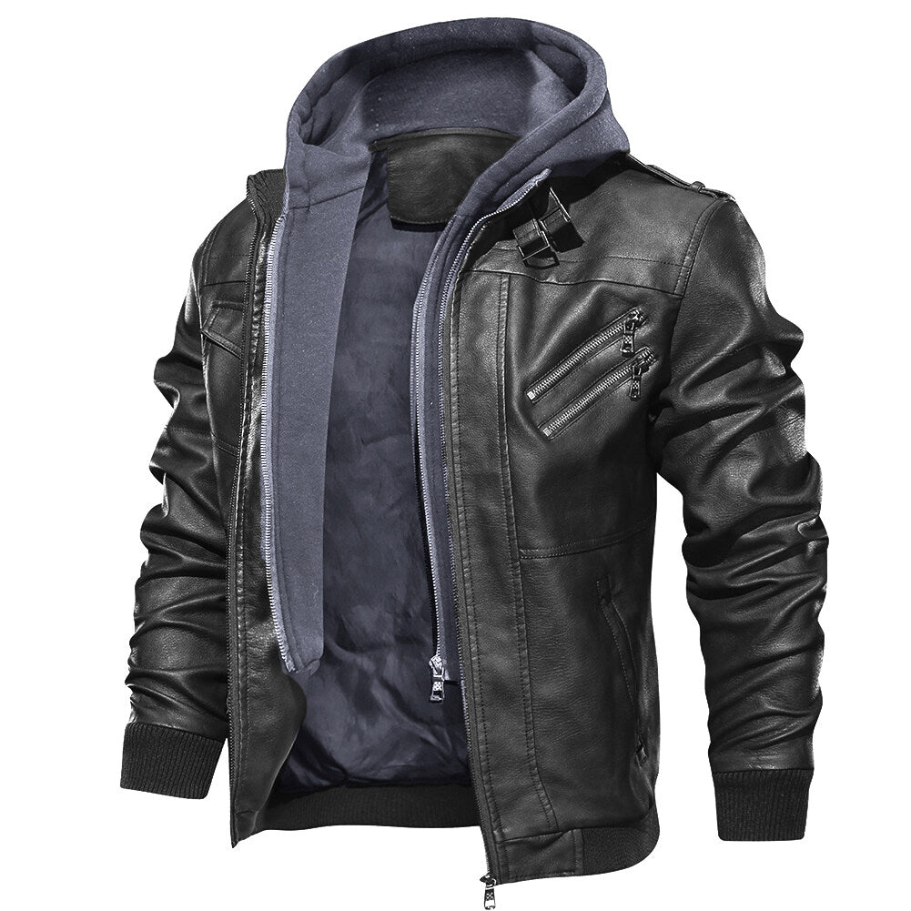YOUTHUP Mens Casual Moto Style Lapel Hooded Leather Jacket